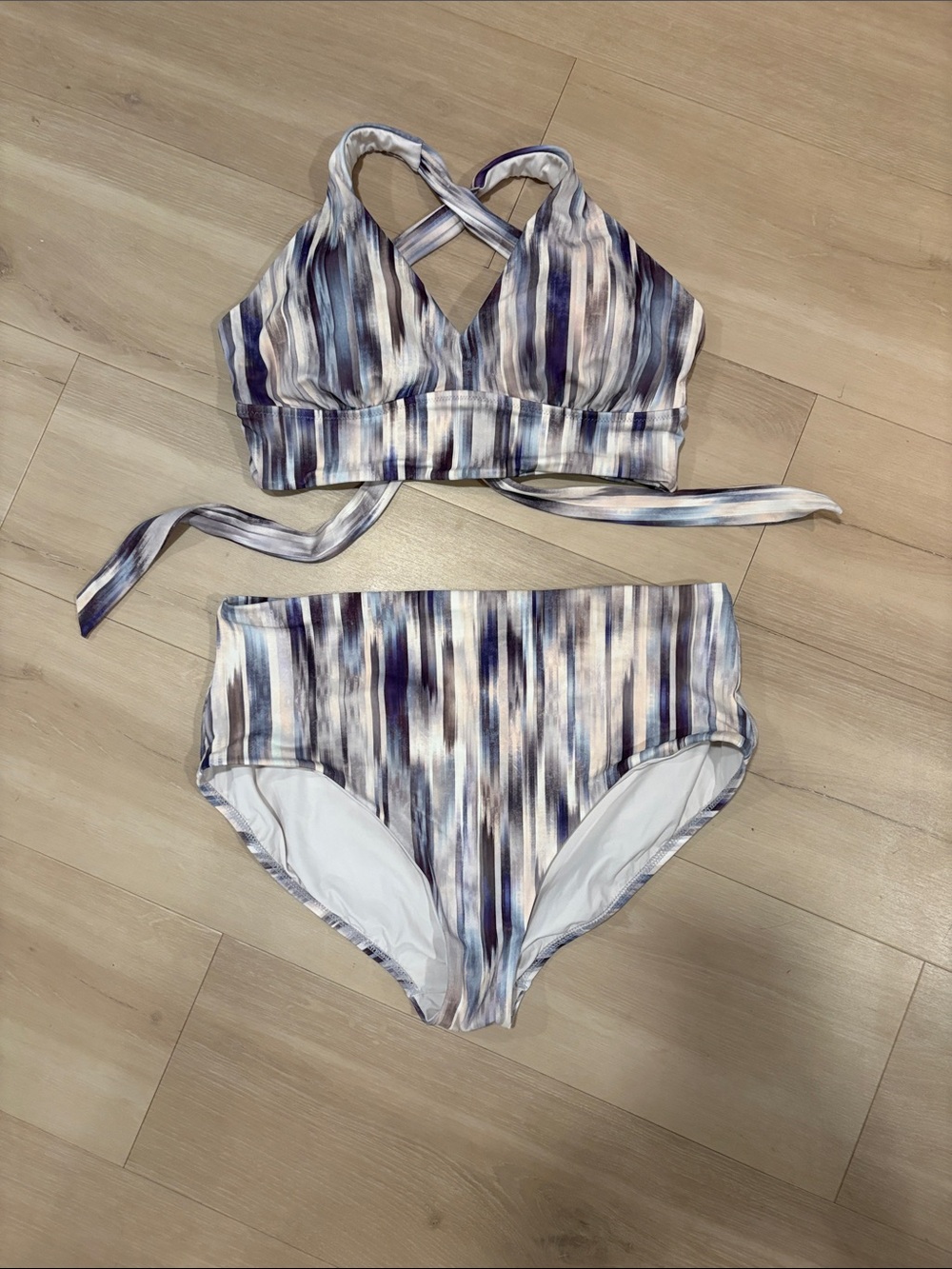 Athleta Cream and Blue Striped Bikini Set